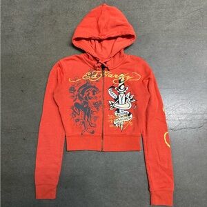Ed Hardy Cropped Hoodie Women’s Small Peach ‘Death Before Dishonor’ Dagger Logo
